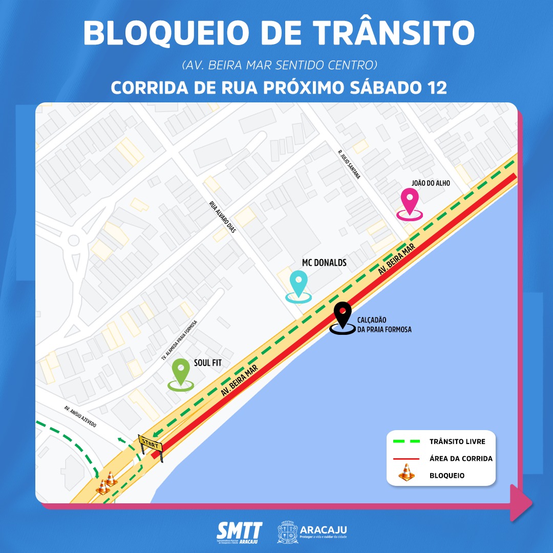 Corrida de rua altera trânsito nas avenidas Beira Mar e Ivo do Prado neste sábado, 12 - SMTT Aracaju
